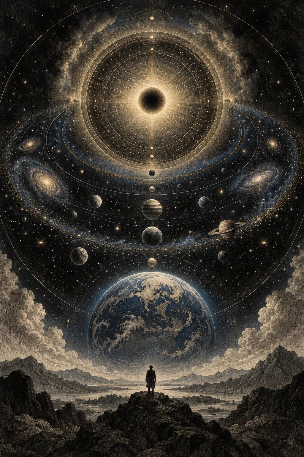 Interpretive illustration of a divine source above descending worlds; a comparative journey beyond Jewish Kabbalah