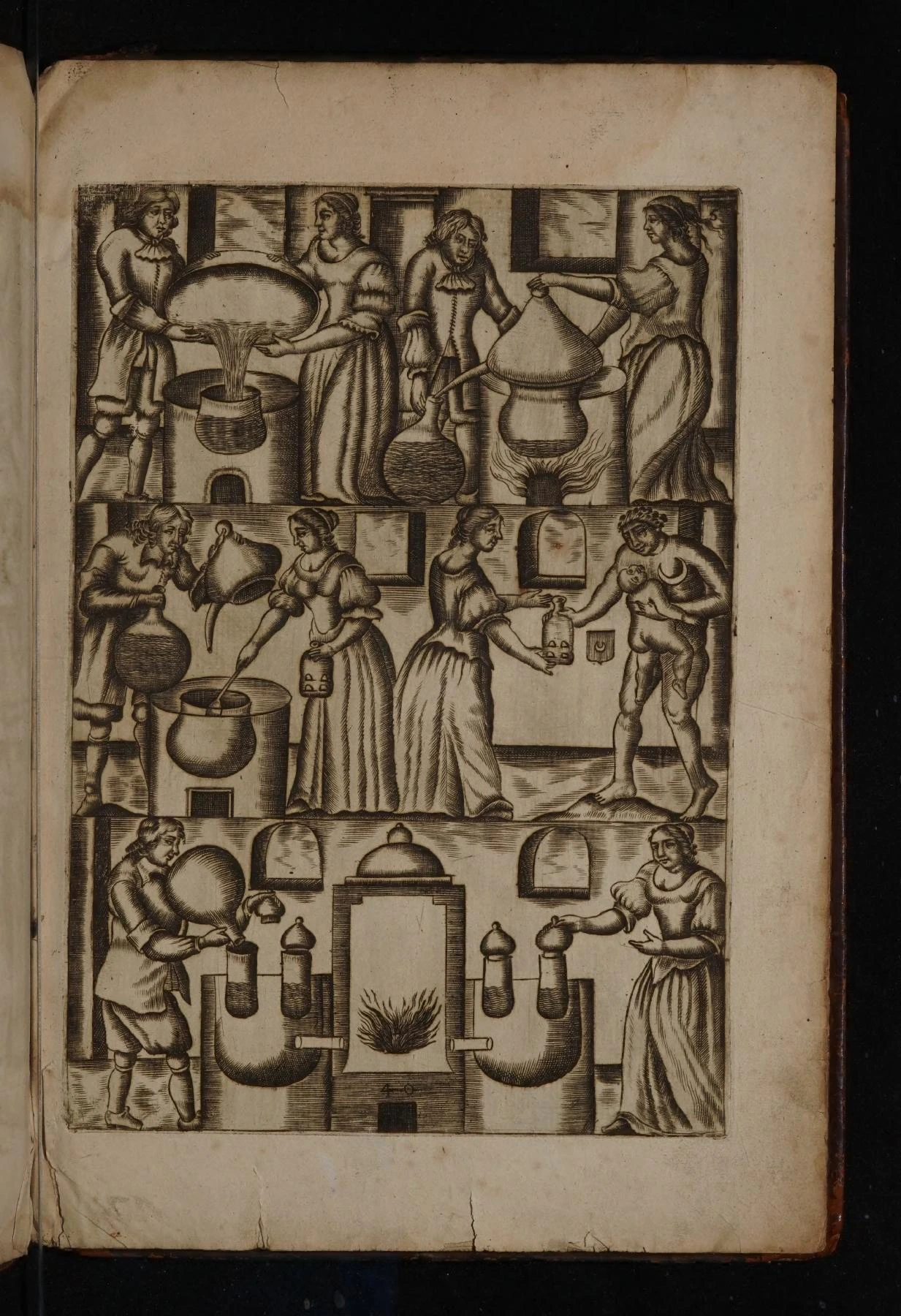 Historical engraving of alchemical furnaces and vessels from the Mutus Liber
