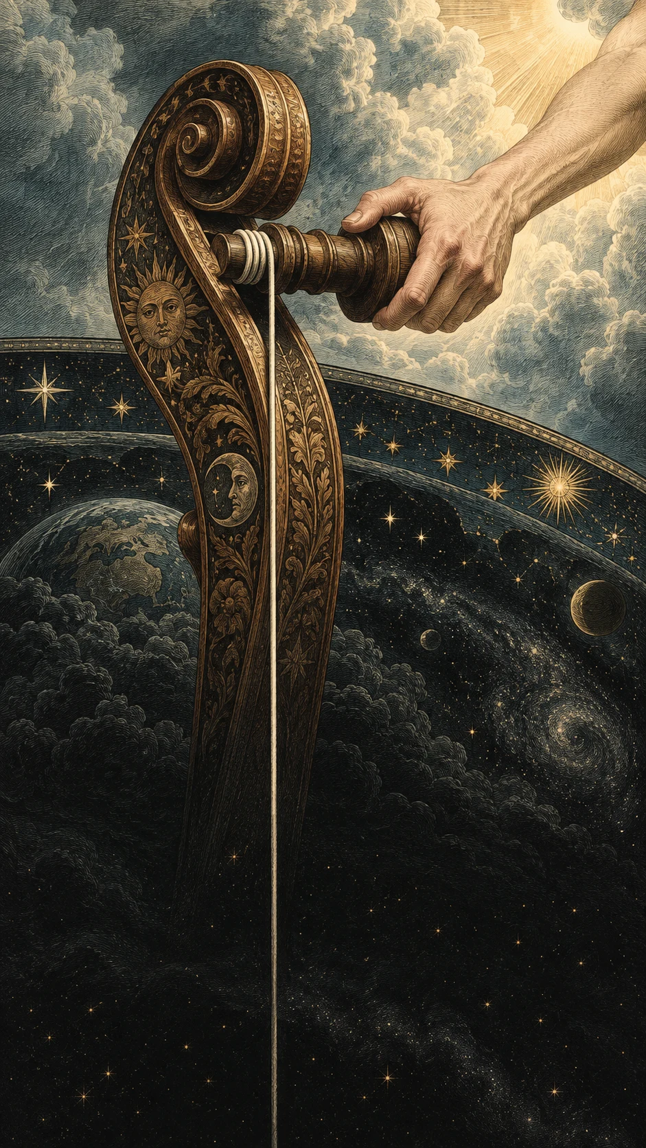 A divine hand tuning the cosmic monochord; interpretive illustration after Fludd