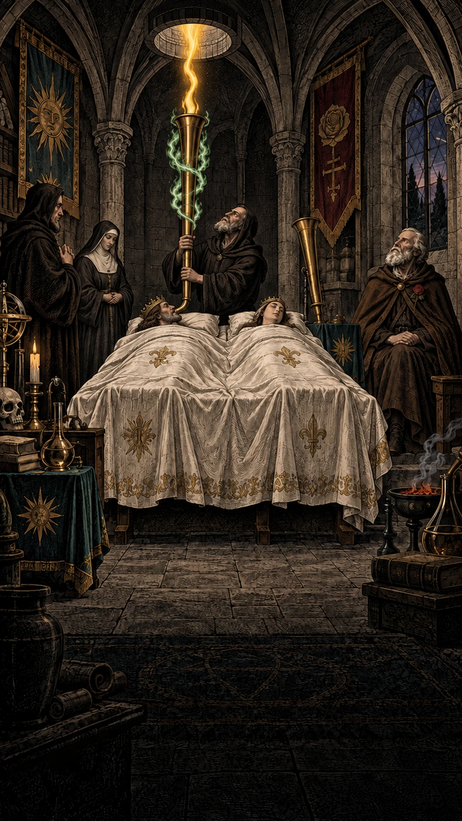 Interpretive illustration of the descending fire entering the renewed royal body in the Chymical Wedding
