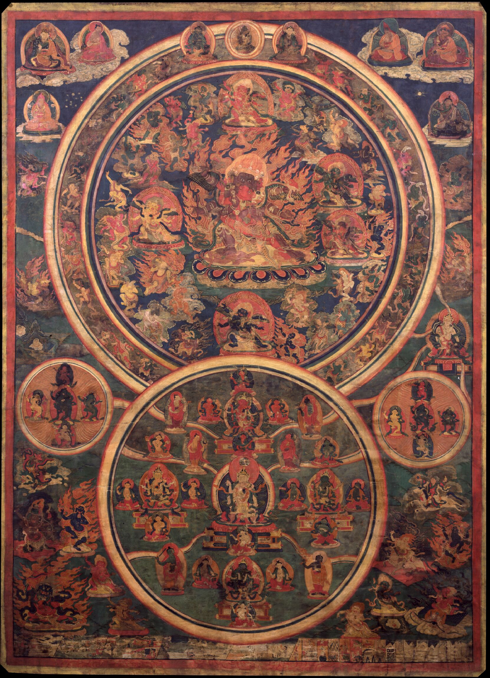 An eighteenth-century Nyingma thangka gathers peaceful and wrathful bardo deities into one luminous field.
