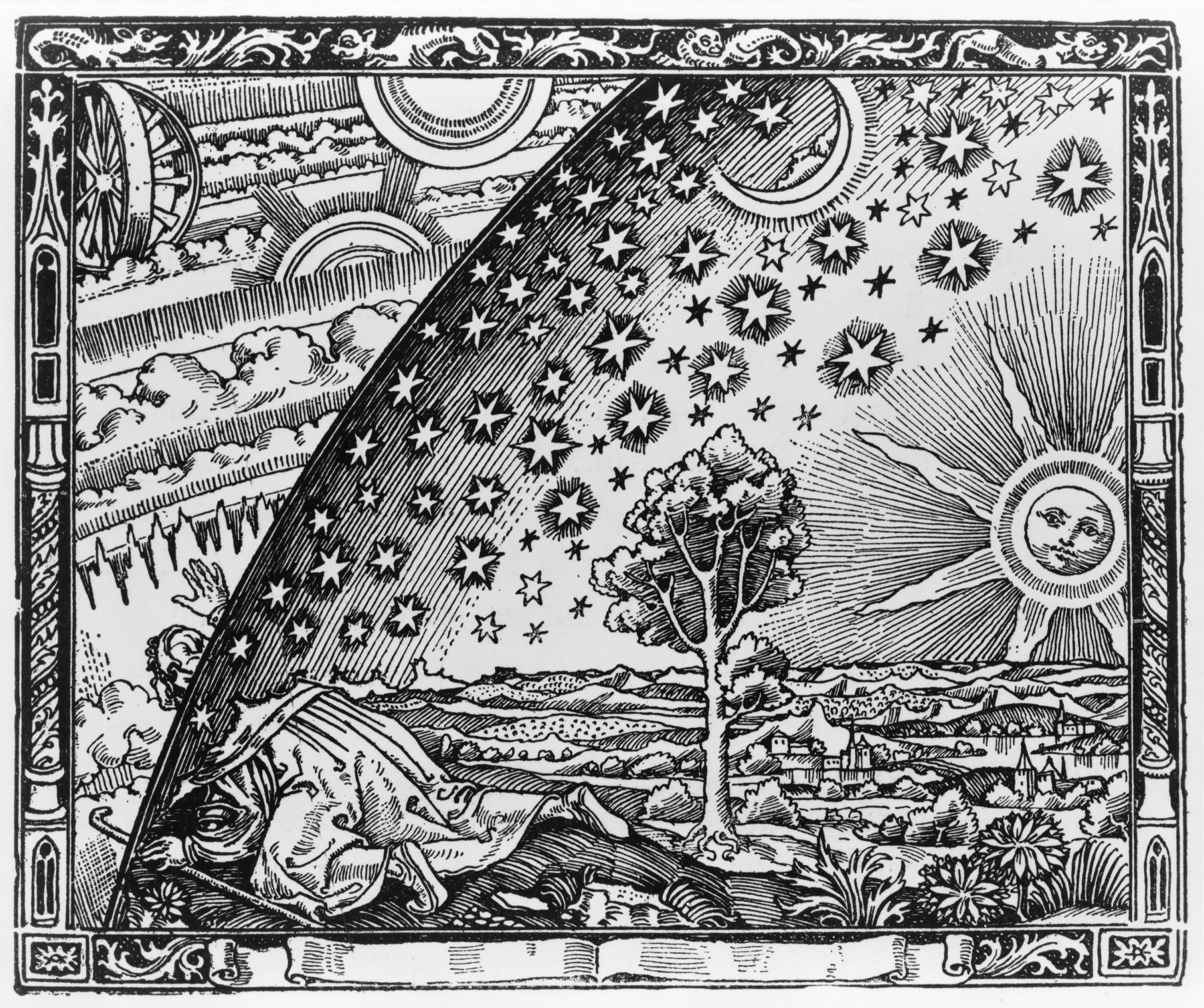 A traveler kneels at the edge of the familiar sky and looks through the starry vault into a larger cosmic order.