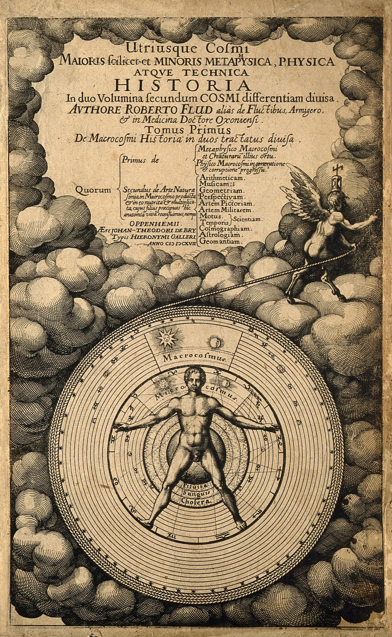 The human figure stands between planetary and cosmic spheres, a point of exchange between worlds.