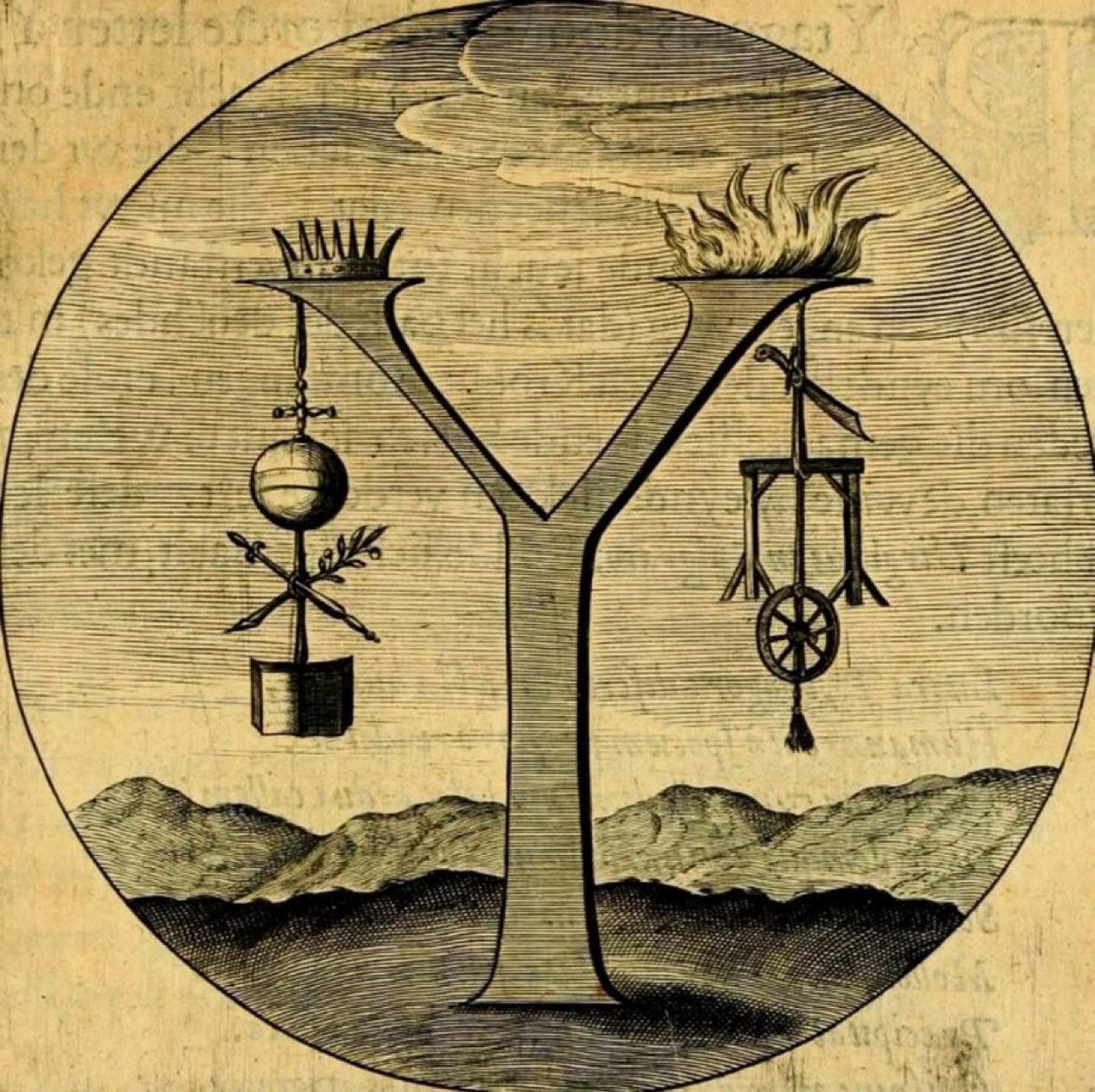 Geoffroy Tory's Pythagorean Y shows two moral roads growing from one trunk: the emblems of virtue on one branch and the instruments of bondage on the other.