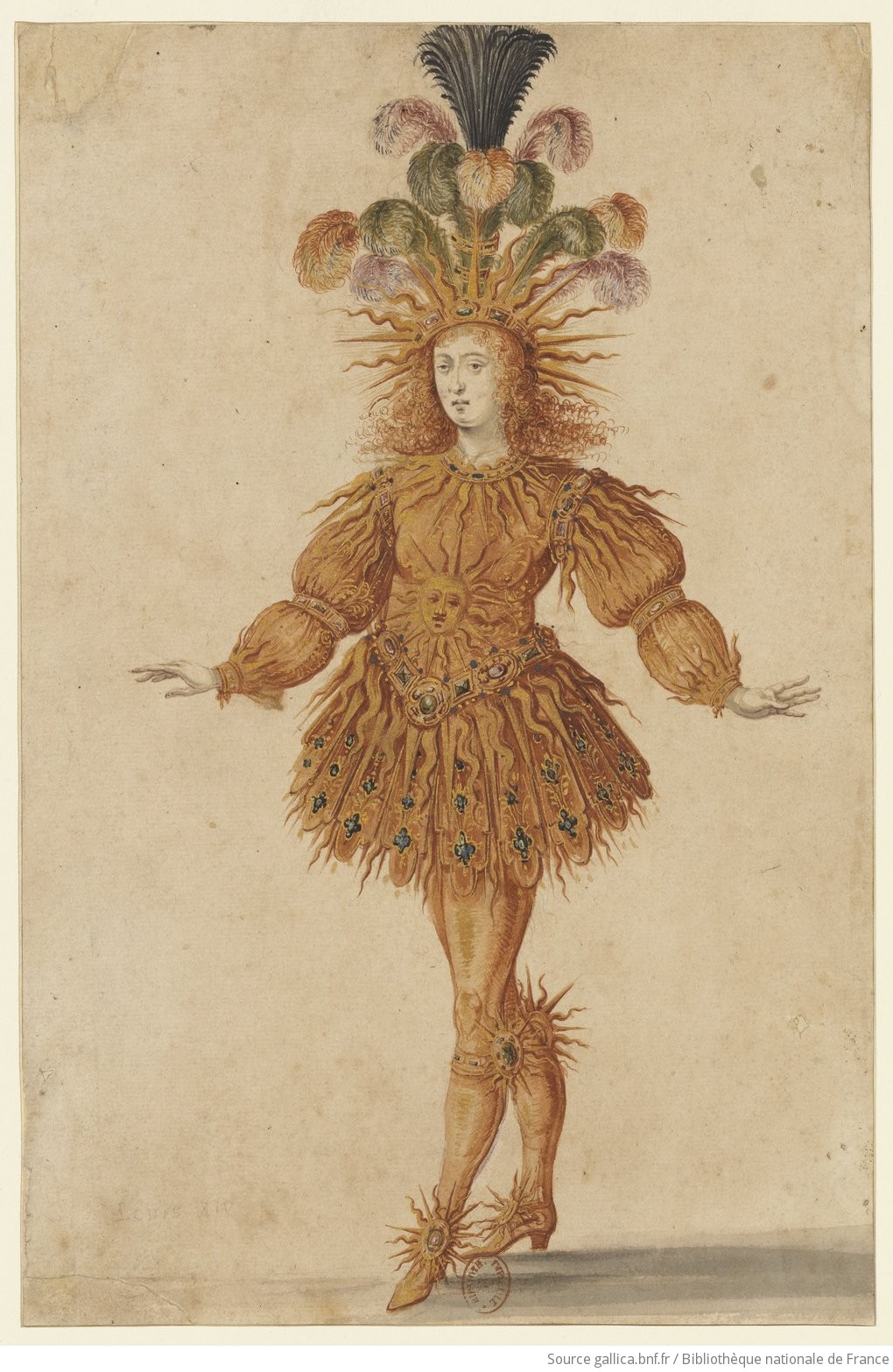 Henri de Gissey's costume design shows Louis XIV as Apollo, crowned by solar rays in Ballet de la Nuit.